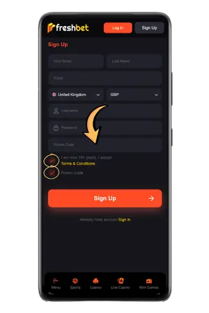 Freshbet age confirmation checkbox and promo code field