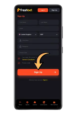 Freshbet registration button