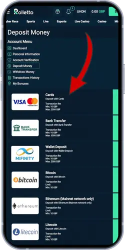 Rolletto Casino deposit page showing card, bank transfer and crypto options
