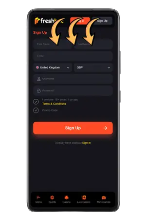 Freshbet registration form with currency selection