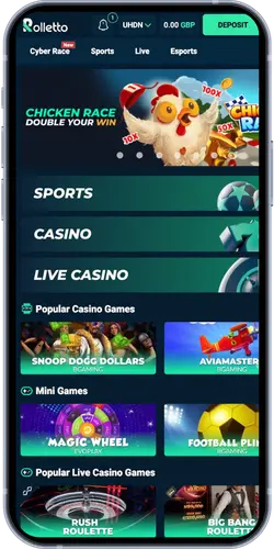 Rolletto Casino game categories with sports, casino and live casino