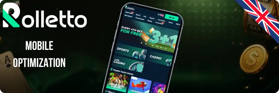Rolletto Casino mobile optimization shown on a smartphone with UK flag