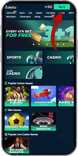 Rolletto Casino homepage with Sign Up button and 3+1 free bet offer