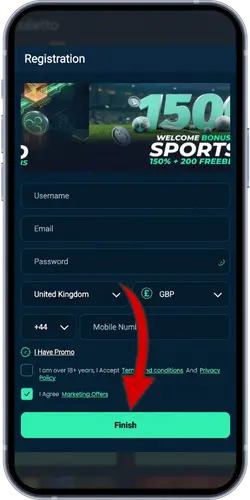 Rolletto Casino registration form with UK and GBP selected