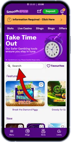 Smooth Spins search bar on the games page with arrow