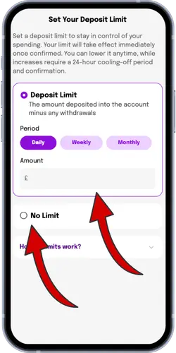 Smooth Spins set deposit limit screen with arrows