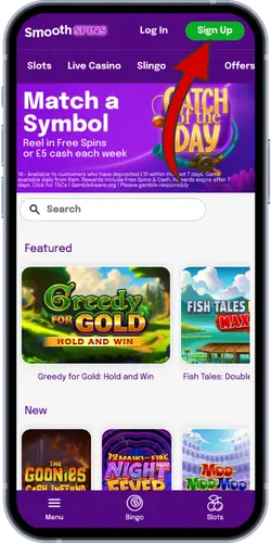 Smooth Spins home page with arrow pointing to Sign Up
