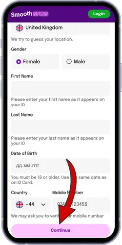 Smooth Spins registration form with arrow to Continue button