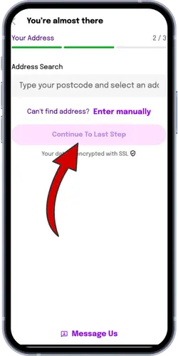 Smooth Spins registration step 2 with arrow to Continue To Last Step