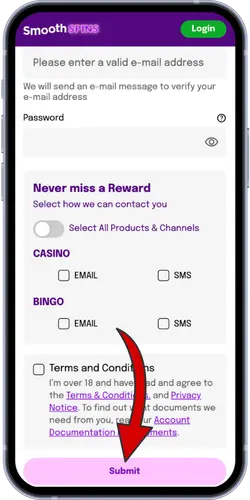 Smooth Spins registration step 3 with arrow to Submit button