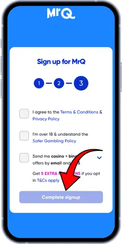 MrQ Casino signup rules agreement screen with arrow to Complete signup