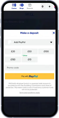MrQ Casino deposit screen with PayPal option