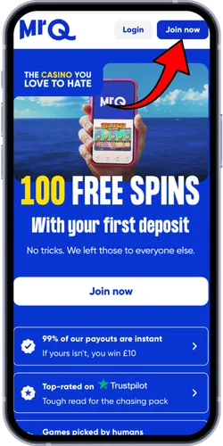 MrQ Casino home page with arrow pointing to Join now