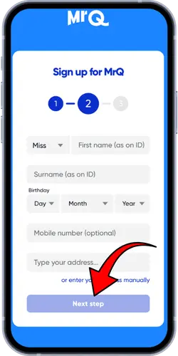 MrQ Casino registration phase 2 with arrow to Next step