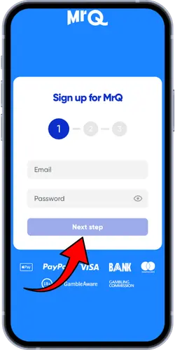 MrQ Casino registration screen with arrow to Next step
